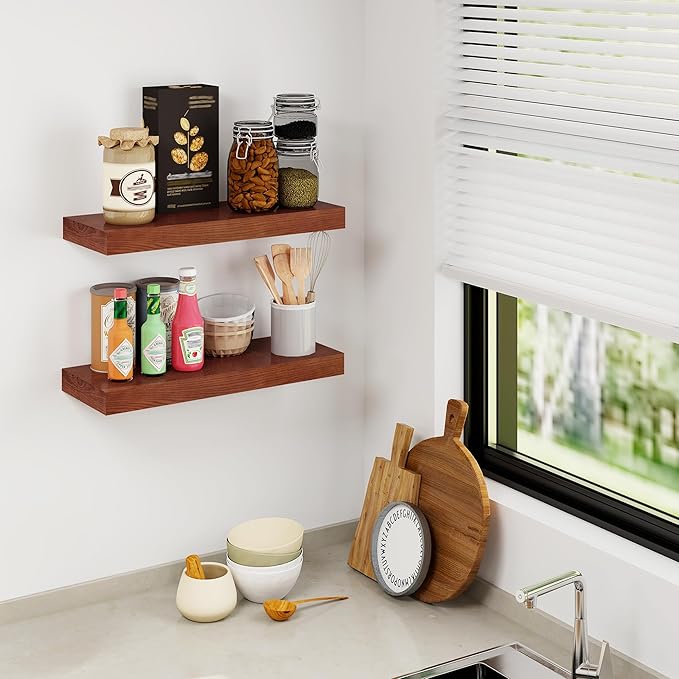 RICHFOCUS Floating Shelves for Wall | 24W x 9.3D Rustic Floating Shelves with Solid Ash Wood Veneer Set of 2 | Floating Wall Shelves with Upgraded Brackets | for Living Room Bathroom Home Office