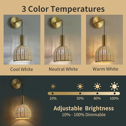 Boho Battery Operated Wall Sconce Set of 2 with Remote, Rechargeable Rattan Wireless Sconces - Dimmable for Bedroom, Living Room, Entryway (Gold)