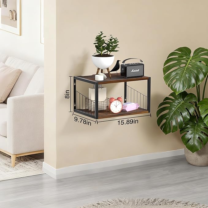 Floating Nightstand, Wood Floating Bedside Table with Cable Hole, Wall Mounted Nightstand for Bedroom, Living Room, Bathroom, Kitchen (Rustic Brown)