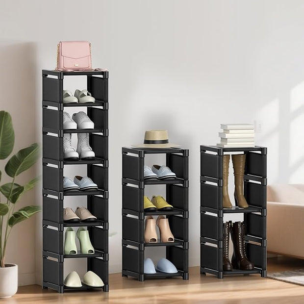 Narrow Shoe Rack 8 Tier, Slim Vertical Shoe Organizer for Small Spaces, Stackable Shoe Storage Shelf with Metal Frame & Fabric Shelves, Shoe Rack for Closet Entryway Bedroom