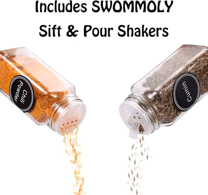 SWOMMOLY Spice Rack Organizer with 32 Glass Spice Jars, 396 Spice Labels, Chalk Marker and Funnel Complete Set, for Cabinet, Countertop, Cupboard or Wall Mount, Black