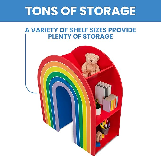 Delta Children Rainbow Bookcase – Greenguard Gold Certified Kids Bookshelf and Toy Storage, Montessori Bookcase for Playroom, Nursery and Classroom, Colorful Kids Book Shelf, Natural Finish