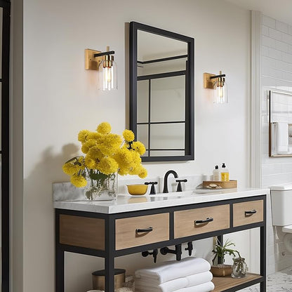 Black Gold Wall Sconce, Modern Brass Sconce Wall Lighting with Clear Glass Shade for Bathroom, Hallway, Kitchen, and Bedroom