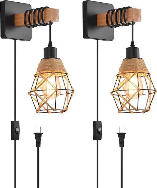Rustic Wall Sconces Fixtures with Plug in Cord, Set of Two Indoor Vintage Rattan Wall Light Industrial Lamp Fixture Farmhouse Metal Sconces Light for Bedroom Bedside Living Room