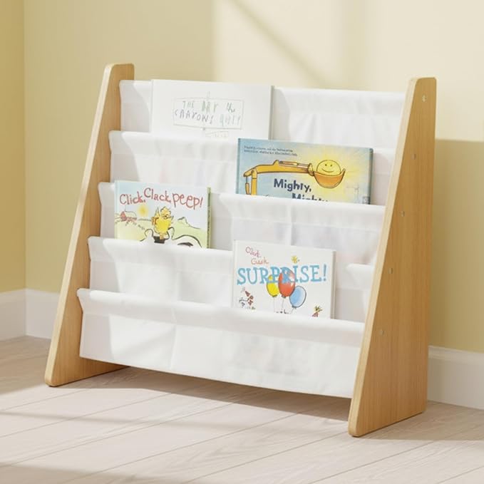 Humble Crew 4-Tier Kids Bookshelf, Natural Wood/White - Premium Book Shelf for Kids Rooms with Four Deep Pockets - Toddler Sling Book Rack with Deep Sleeves, Nursery Bookcase Organizer
