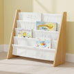 Humble Crew 4-Tier Kids Bookshelf, Natural Wood/White - Premium Book Shelf for Kids Rooms with Four Deep Pockets - Toddler Sling Book Rack with Deep Sleeves, Nursery Bookcase Organizer