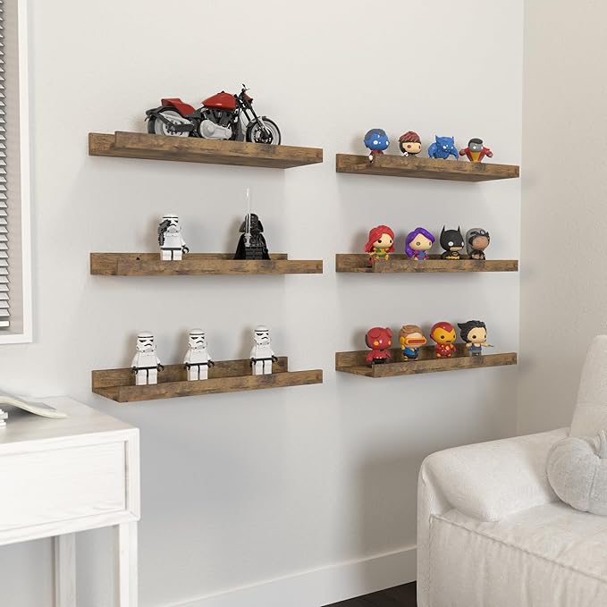 Floating Shelves Set of 6, Farmhouse Wall Shelves with Lip, Display Shelves for Wall Decor, Rustic Picture Ledge for Living Room, Bedroom, Nursery, Bathroom, Pictures, Books, Plants- Brown