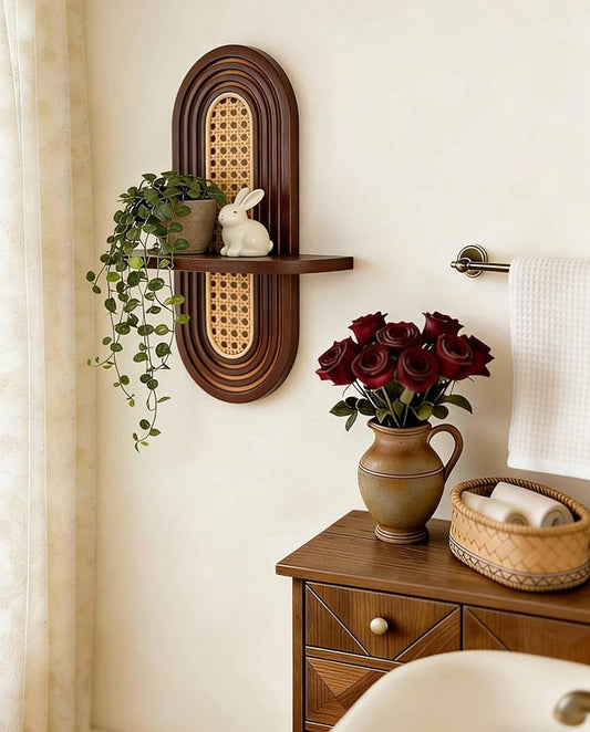 1pc Mid-Century Modern Wall Shelf - Arched Wood & Woven PE Rattan Boho Decorative Floating Shelf, Vintage Aesthetic Decor for Living Room, Bedroom, Kitchen & Home Office (Walnut)