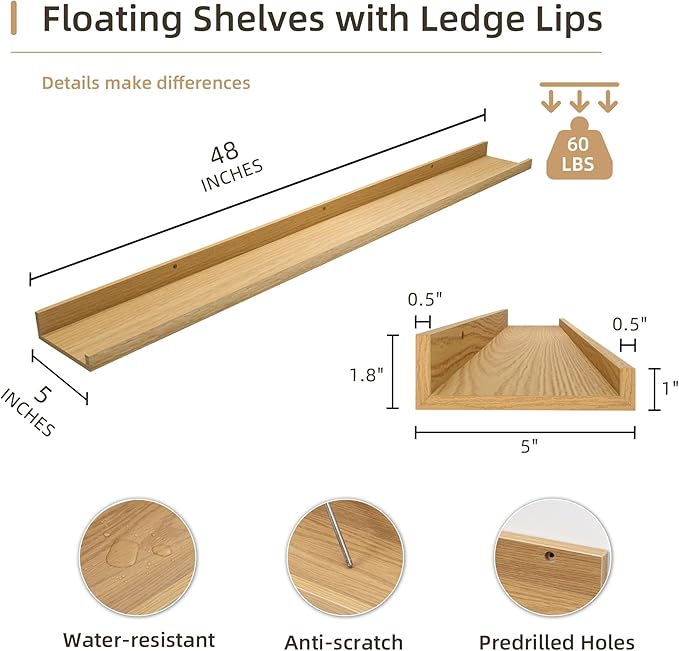 Picture Ledge Shelf, Wood Long Floating Shelves for Wall, Set of 2, 48 inch Picture Ledge Shelves, Photo Ledge Nursery Book Shelves Wall Mounted for Living Room Kids' Room Bedroom, Color Oak