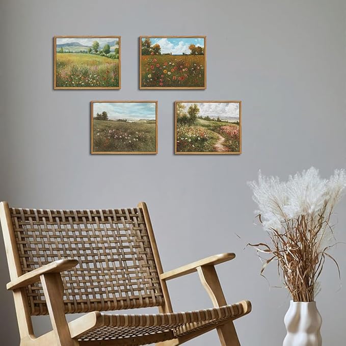 OIQArtOIQ Vintage Landscape Framed Wall Art Summer Countryside Wildflower Canvas Art Prints Farmhouse Cottagecore Pictures Wall Decor Rustic Meadow Paintings Artwork For Kitchen Bedroom Living Room