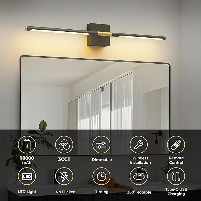 L LOHAS LED Battery Operated Wall Sconces Set of 2, Battery Wall Sconce 10000mAh, Black and Gold Rechargeable Sconces 3CCT, 28.1 Inch Wireless Wall Lights, Sconce Wall Decor for Bedroom, Living Room