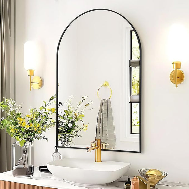 Arch Mirror Wall Mounted - 20x30 Inch Wide Arched Mirrors for Bathroom Over Sink, Black Metal Framed Mantel Vanity Mirror for Dresser, Firplace, Entryway, Hallway, Restroom, Bedroom Decor