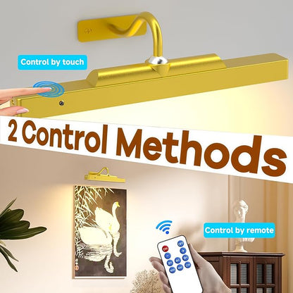 Wireless Picture Light Gold,Battery Operated Art Lighting LED,Cordless Remote Dimmable Magnetic Lighting for Living Room Bedroom(12 in, 2 Pack)
