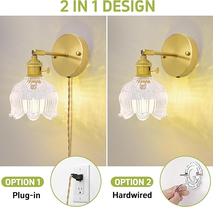 Plug in Wall Sconces,Plug in Wall Lamp, Vintage Wall Light with Clear Tulip Glass Lampshade, 3-Way Dimmable with Dual Switches, No Wiring Needed for Bedroom Wall Decor and Hallway