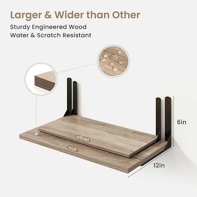 Fun Memories Floating Shelves for Wall, 12 Inch Deep Floating Shelves Set of 2, Wall Mounted Shelf with Metal Brackets, Rustic Wood Wide Shelf for Bathroom, Kitchen and Living Room, Grey, 55W x 12D