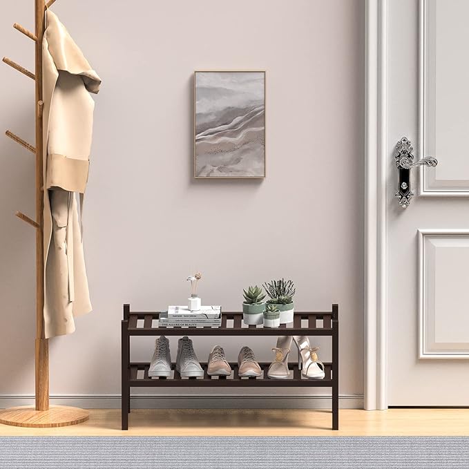 2 Tier (Thick) Bamboo Shoe Rack for Closet Free Standing Wood Shoe Shelf for Entryway Small Space Stackable 27