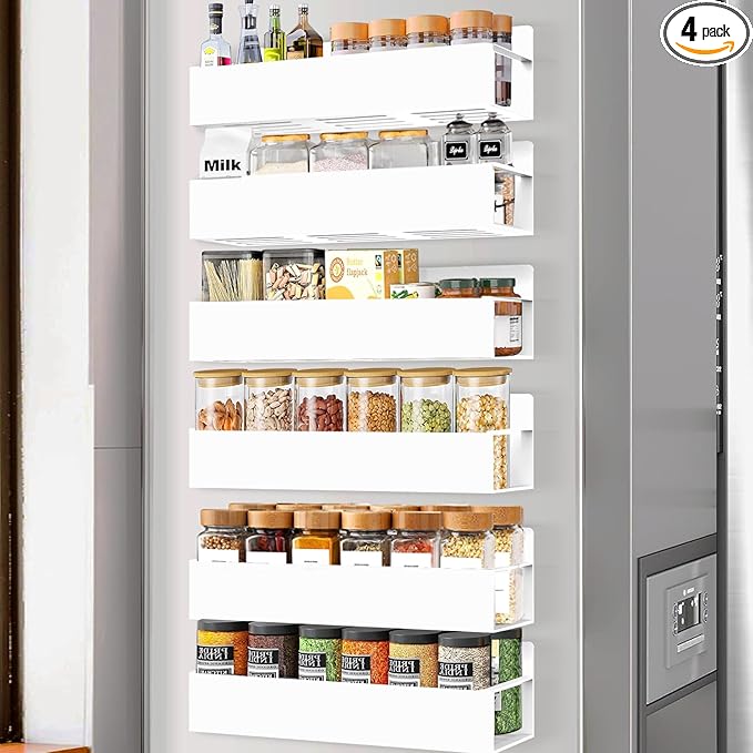 Magnetic Spice Rack Organizer for Fridge Seasoning Organizer for Kitchen storage with Screw Magnetic Shelf with Hook for Refrigerator and Oven (6pack-White)