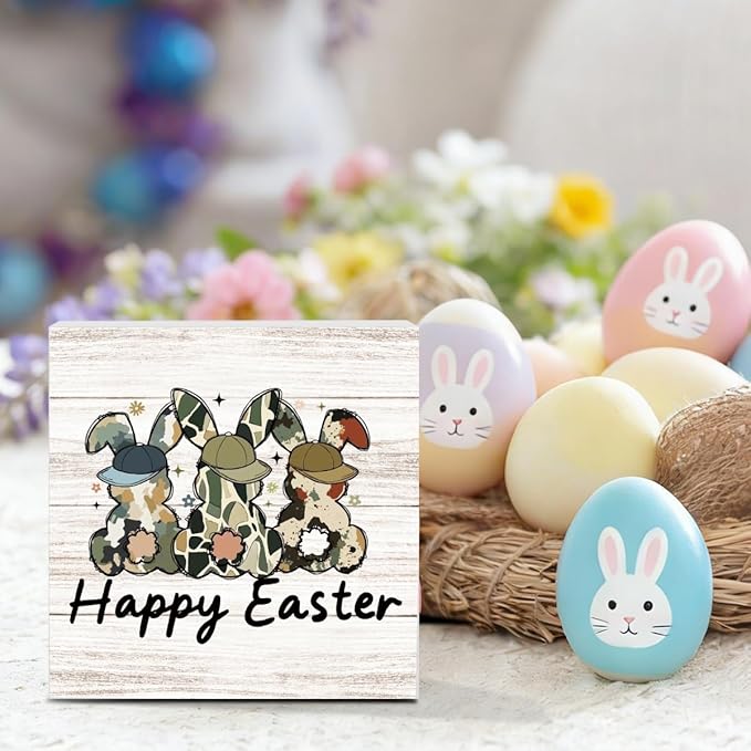Funny Happy Easter Sign Rustic Easter Bunny Decor Bunny Table Decorations Decor Indoor for Home Office Desk Table Shelf Tiered Tray 5 X 5 Inch