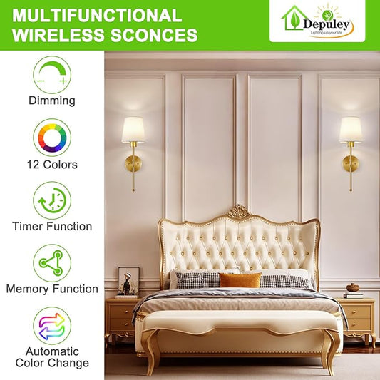 Depuley Battery Operated Wall Sconce: Set of 2 19.99" Wireless Wall Lights with Remote for Bedroom - Rechargeable 15 Colors Gold Wall Lamp for Living Room Hallway Decor