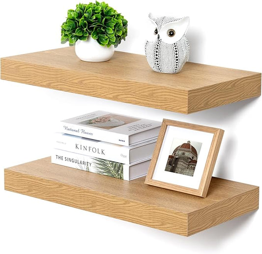 Deep Floating Shelves | 24 Inch Oak Floating Shelves Set of 2 | 12 Inch Deep Rustic Wood Shelves for Wall | 24" W x 12" D Oak Shelves for Living Room Bathroom Laundry Room Kitchen