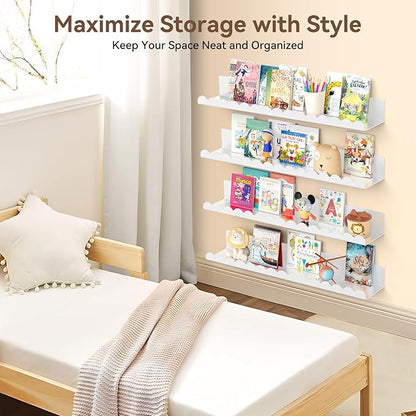 Floating Shelves for Wall, 23 Inch Metal Nursery Book Shelves 4 Pack, Wall Mounted Book Shelf for Kids Room, Bedroom, Bathroom, Playroom Decor （White）
