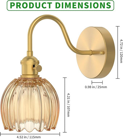 Wall Sconces Lights Lamp for Bedroom Bathroom, Modern Vanity Light Fixtures, Wall Mount Lighting Vintage Tulip Amber Glass Shade for Living Room Mirror Hallway Kitchen