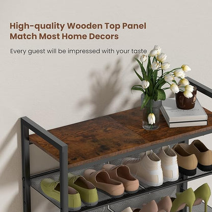 5 Tier Shoe Rack for Entryway, Metal Shoe Rack Heavy Duty with Wooden Top & Adjustable Mesh Shelves, Shoe Storage Organizer for Front Door Entrance/Closet/Bedroom/Dorm/Garage