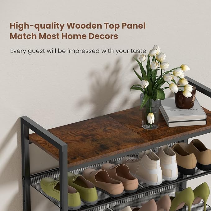 4 Tier Shoe Rack for Entryway, Metal Shoe Rack Heavy Duty with Wooden Top & Adjustable Mesh Shelves, Shoe Storage Organizer for Front Door Entrance/Closet/Bedroom/Dorm/Garage