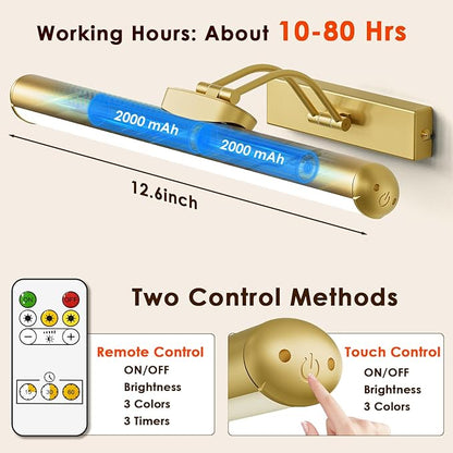 Picture Light for Wall with Remote, Wireless Battery Operated Wall Lights with 3 Colors Dimmable & Timer, 12.6" Rechargeable Metal Wall Sconce for Living Room, Artwork Gallery Display, Gold 1Pack