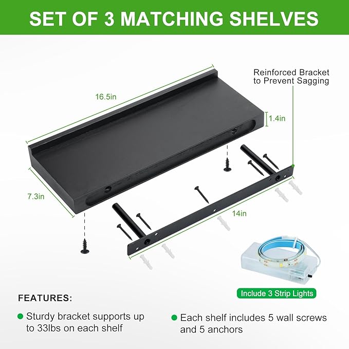 Floating Shelves with Invisible Brackets & Strip Lights, Protective Front Lip, Black Wood Wall Shelves Set of 3, Mounted Bookshelf, Bedroom, Bathroom, Living Room, Kitchen