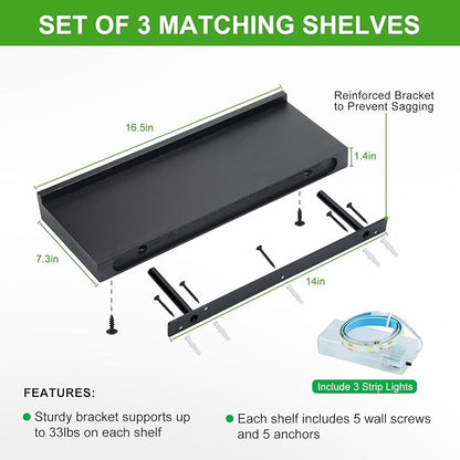 Floating Shelves with Invisible Brackets & Strip Lights, Protective Front Lip, Black Wood Wall Shelves Set of 3, Mounted Bookshelf, Bedroom, Bathroom, Living Room, Kitchen