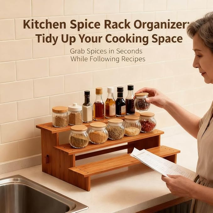 JinDoWin Cabinet Spice Organizer, Spice Organization for Cabinet, 3 Tier Spice Rack Organizer for Cabinet, Seasoning Organizer & Seasoning Rack, Kitchen Cabinet Organizer (2, Dark Bamboo)