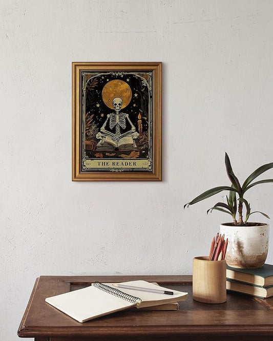 HUARCEY Gold Framed Canvas Wall Art, Skeleton Reader Tarot Picture Decor, Library Reading Room School Decor, Book Lover Witchy Gothic Halloween Canvas Paintings, 12x16inch