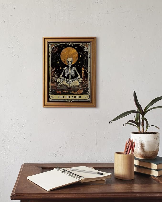 HUARCEY Gold Framed Canvas Wall Art, Skeleton Reader Tarot Picture Decor, Library Reading Room School Decor, Book Lover Witchy Gothic Halloween Canvas Paintings, 12x16inch