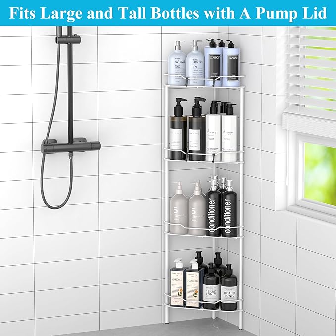 4 Tier Floor Standing Corner Shower Caddy Organizer Shelf with Hooks, Bathroom Shelves Stand Rack, White