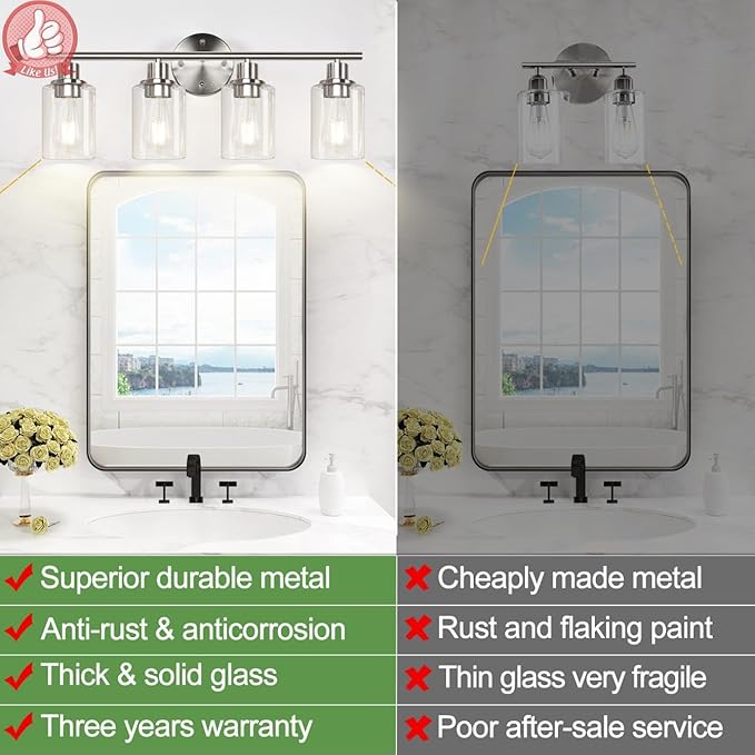 4-Light Bathroom Light Fixtures, Brushed Nickel Modern Vanity Lights Over Mirror with Clear Glass Shade, Bathroom Wall Lamp for Mirror Kitchen Living Room Hallway Cabinet Porch Bedroom Reading room