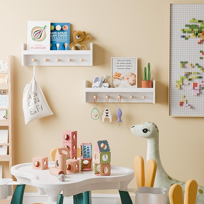 Nursery Floating Shelves Set of 2 - Pine Wood Kids Shelves, Wall Shelf with Hooks, 24 Inches Floating Shelves for Wall Storage, Nursery Shelves for Kids Room, Bedroom, Entryway(White)