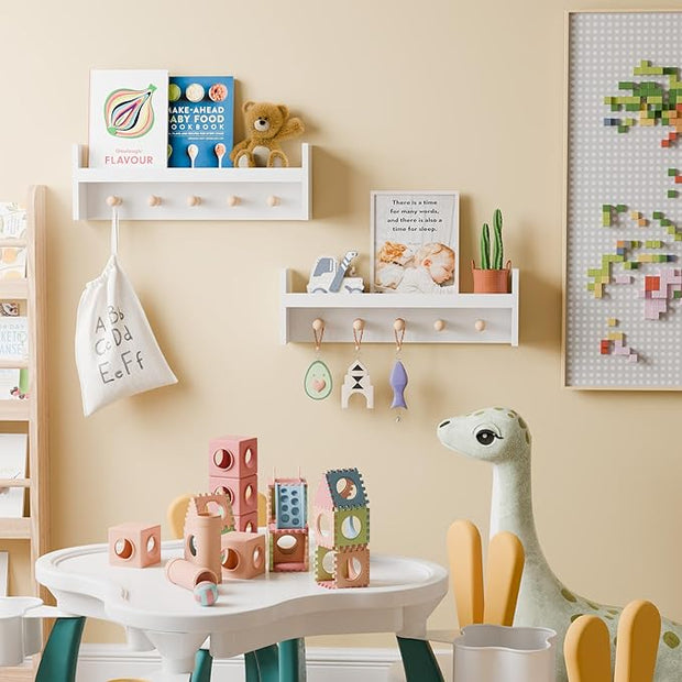 Nursery Floating Shelves Set of 2 - Pine Wood Kids Shelves, Wall Shelf with Hooks, 24 Inches Floating Shelves for Wall Storage, Nursery Shelves for Kids Room, Bedroom, Entryway(White)