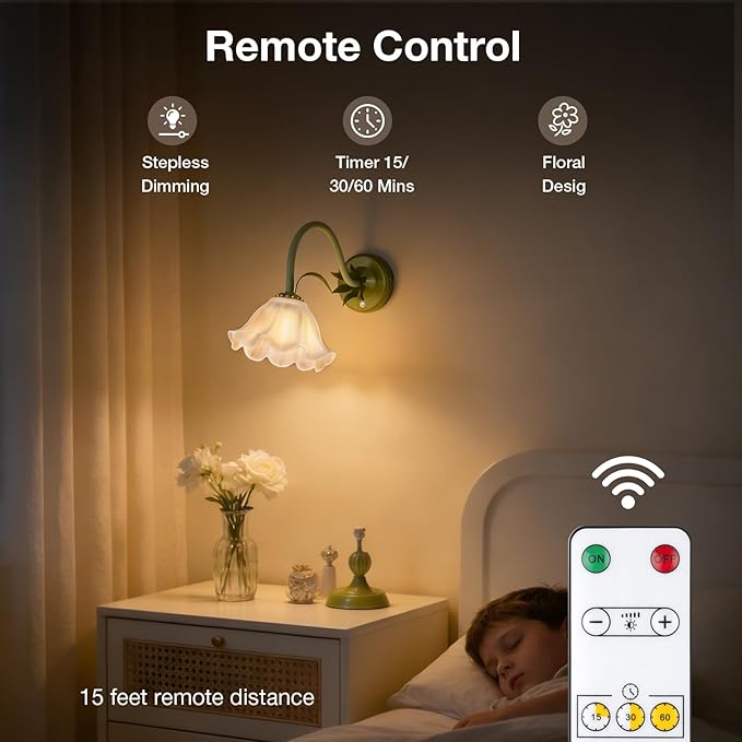 Battery Operated Cordless Flower Wall Sconce Set of 2 (Green), Stepless Dimming Magnetic Wireless Wall Lamp, 5200mAh Rechargeable Battery, for Living Room Bedroom Hallway Corridor