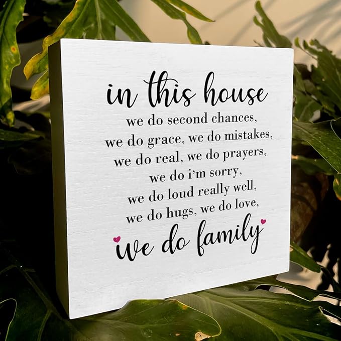 Family Artwork Wood Box Sign Rustic Farmhouse Style in This House We Do Second Chances Wood Block Plaque 5 X 5 Inches Home Living Room Bedroom Desk Sign Decor for Presents