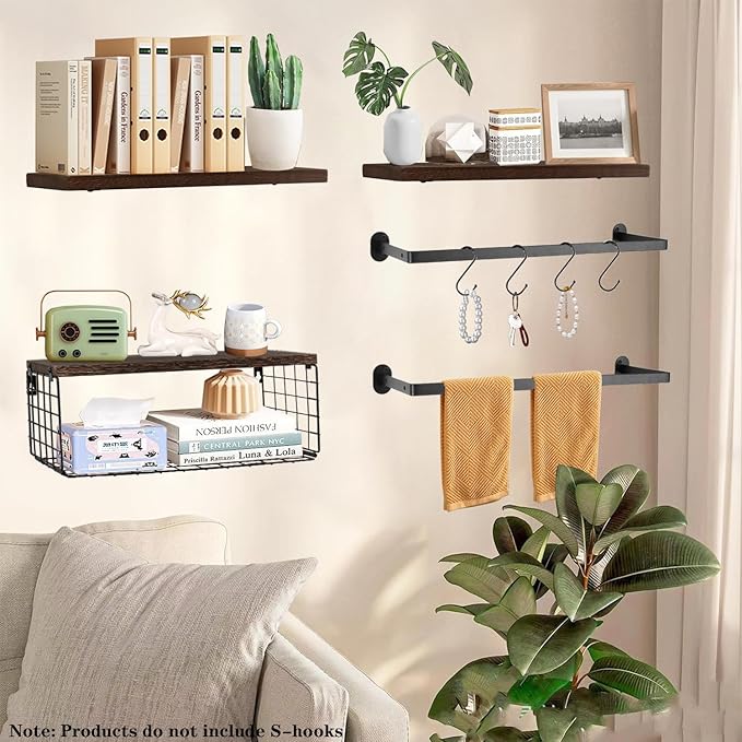 Floating Shelves Over Toilet, Wall Mounted Bathroom Organizer Shelf with Storage Basket for Toilet Paper, Wood Wall Shelves with Towel Rack for Bathroom Bedroom(Dark Brown, Set of 4, 16 in)