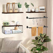 Floating Shelves Over Toilet, Wall Mounted Bathroom Organizer Shelf with Storage Basket for Toilet Paper, Wood Wall Shelves with Towel Rack for Bathroom Bedroom(Dark Brown, Set of 4, 16 in)