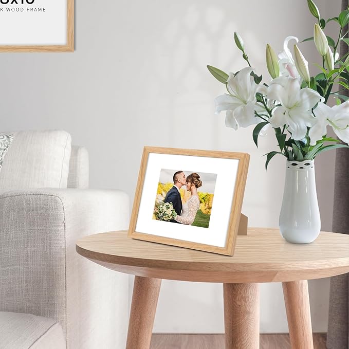 puthiac 5x7 Solid Oak Wood Picture Frame, Fits 4x6 with Mat or 5x7 Without Mat, Wall or Tabletop Display with Stand, Vertical or Horizontal, Plexi Front, 3 Pack, Natural Oak