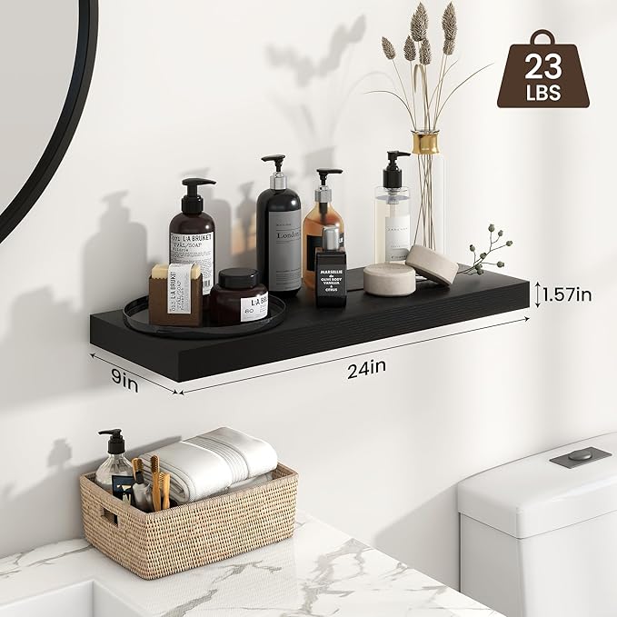 Heimlove 24 inch Floating Shelves for Wall,9.3 inch deep Black Wood Shelves with Invisible Brackets,Wall Mounted Storage & Display Shelves for Bedroom,Living Room,Set of 2