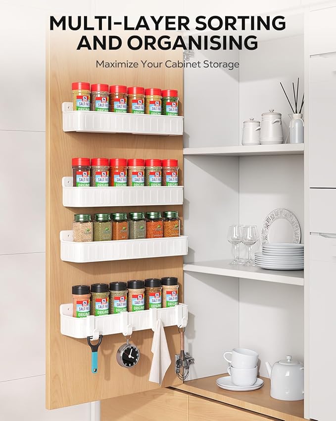 Nieifi Spice Rack Wall Mount, Spice Organizer for Spice Jars, Screw or Adhesive Hanging Spice Rack Organizer for Your Kitchen Cabinet or Pantry Door,4 Pack (White)