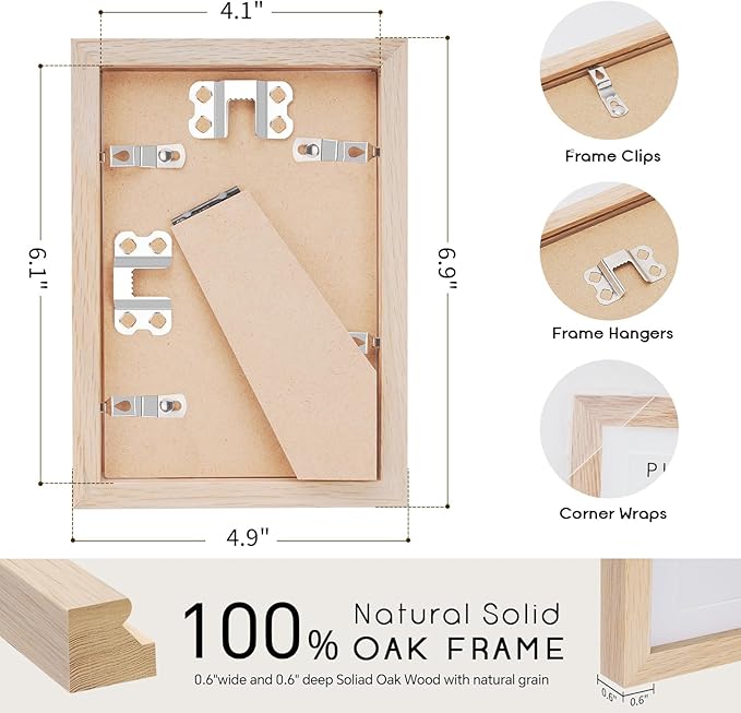 puthiac 4x6 Solid Oak Wood Picture Frame, Fits 3x5 with Mat or 4x6 Without Mat, Wall or Tabletop Display with Stand, Vertical or Horizontal, Plexi Front, 1 Pack, Natural Oak