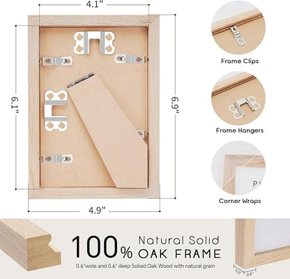 puthiac 4x6 Solid Oak Wood Picture Frame, Fits 3x5 with Mat or 4x6 Without Mat, Wall or Tabletop Display with Stand, Vertical or Horizontal, Plexi Front, 1 Pack, Natural Oak