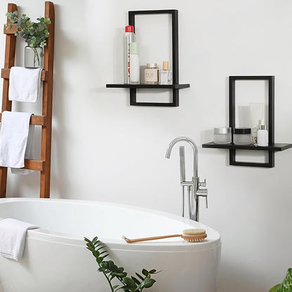 PHOENANCEE Square Floating Shelves,Wall Plants Holder,Bathroom Wall Decor,Framed Decorative Shelf Black,Modern Chic Set of 2 for Living Room Bedroom Home Office,Soild Wood,L+S