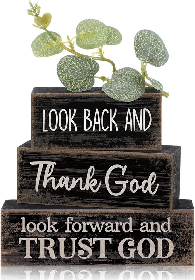 4 Pcs Christian Table Decor Inspirational Gifts for Women Look Back and Thank God Look Forward and Trust God Wooden Block Signs Farmhouse Christian Centerpiece for Mother's Day Home Office