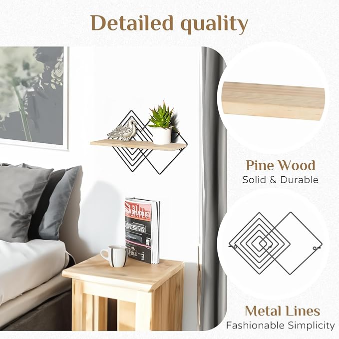 Floating Shelves Modern Geometric - Bedroom Wall Shelf Black Hanging Shelf Wooden Shelves Decorative Wall Mounted Metal Decor Plant Display Set of 2